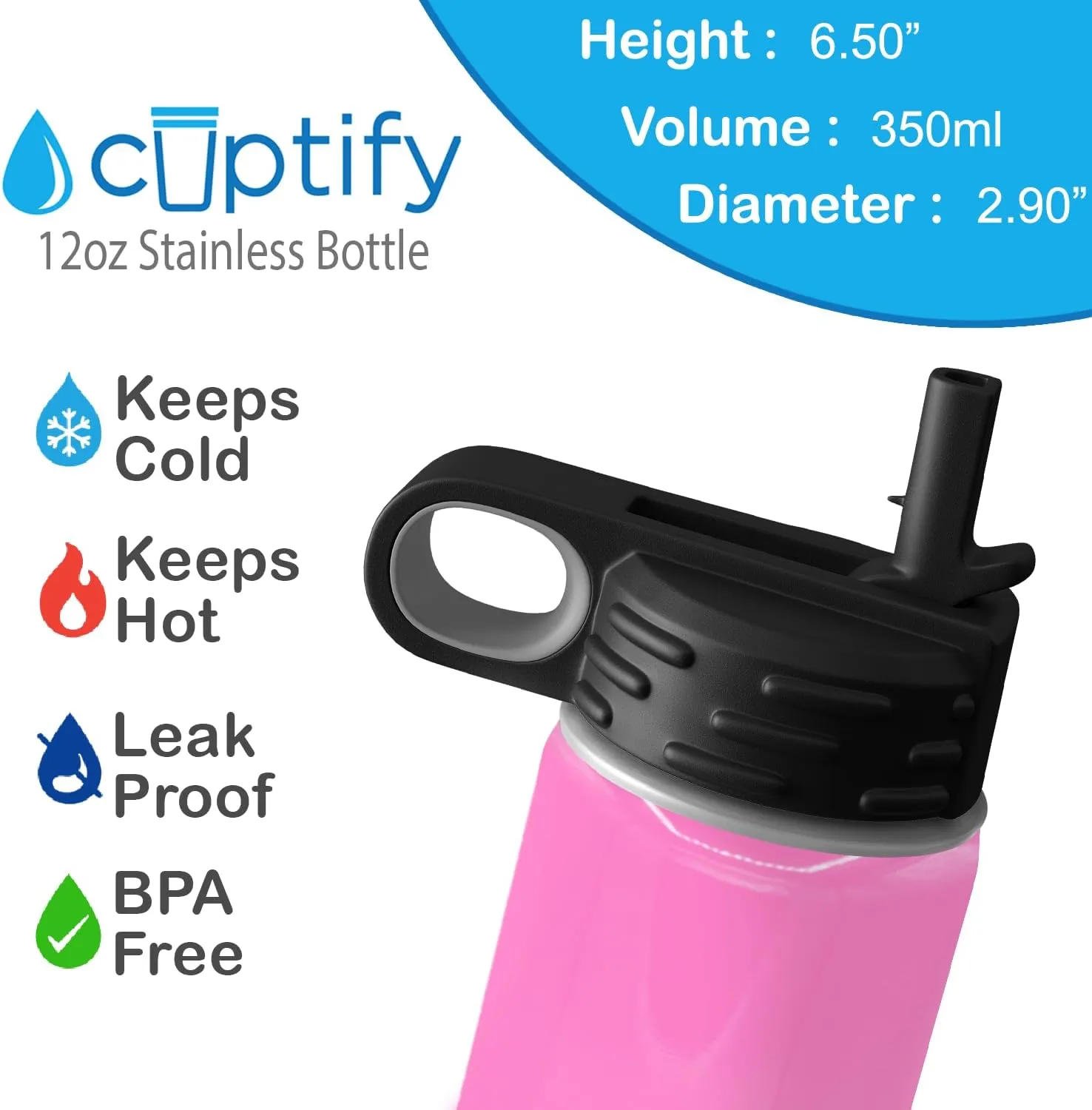 Kids Water Bottle Personalized with Name on 12 oz Pink Gloss Ring Insulated Water Bottle