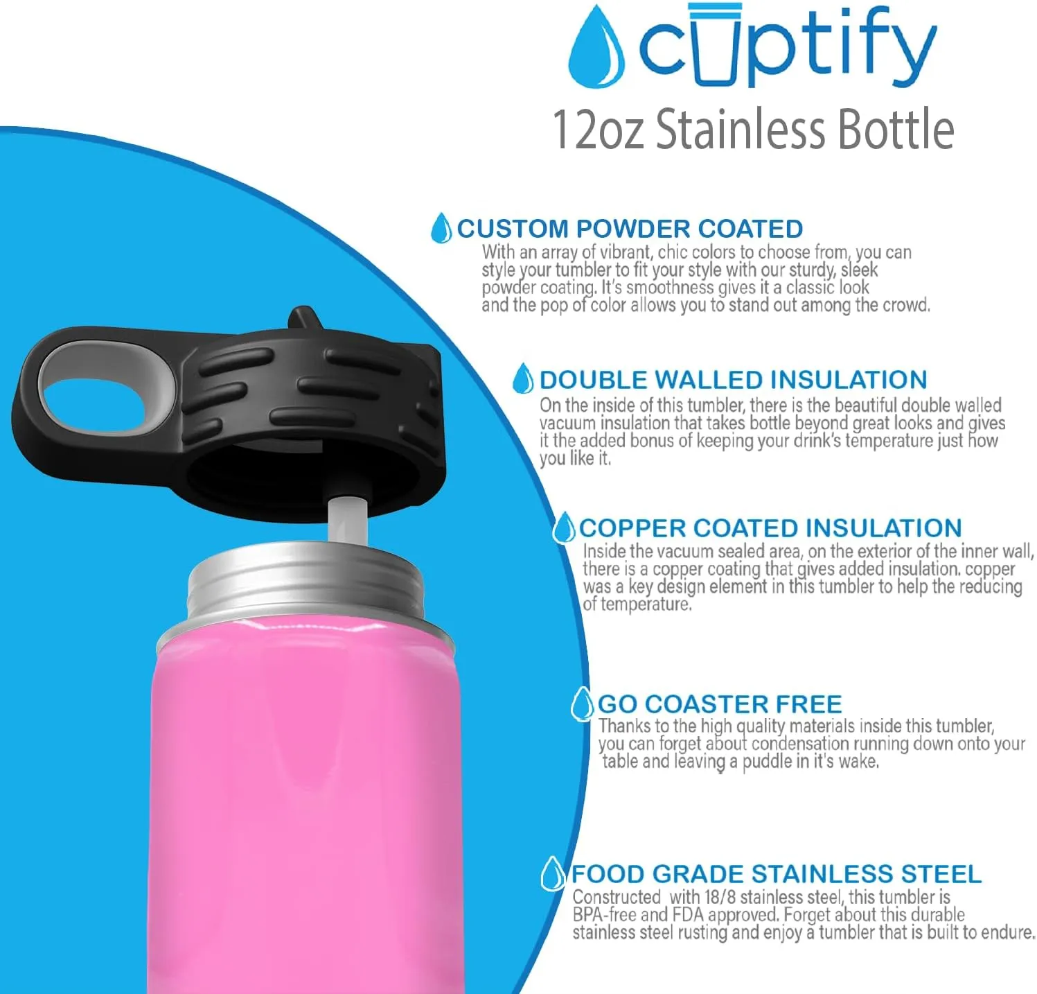 Kids Water Bottle Personalized with Name on 12 oz Pink Gloss Ring Insulated Water Bottle