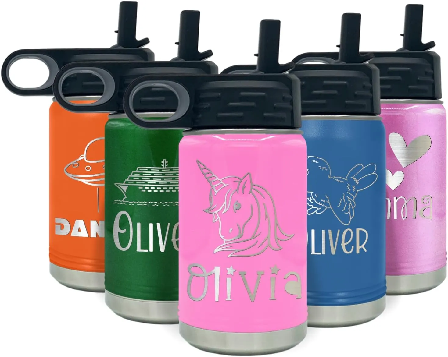 Kids Water Bottle Personalized with Name on 12 oz Pink Gloss Ring Insulated Water Bottle
