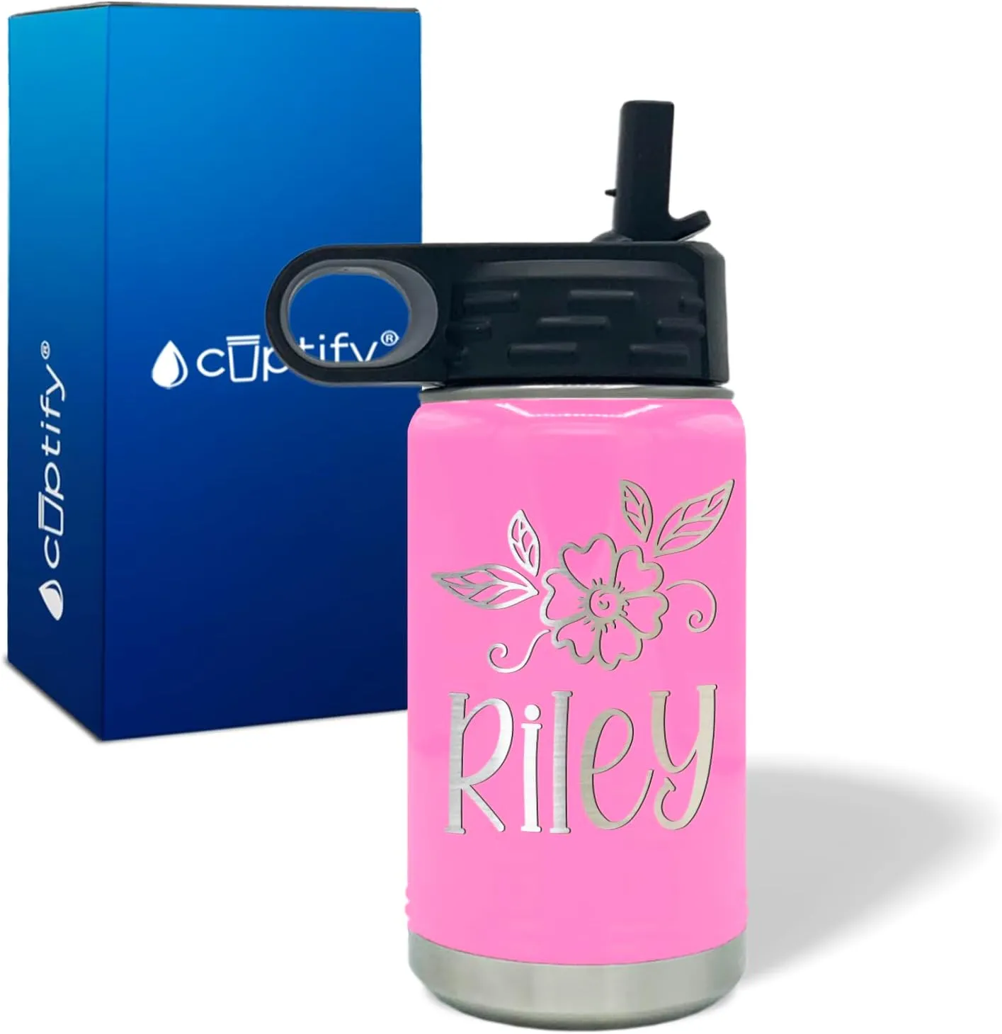 Kids Water Bottle Personalized with Name on 12 oz Pink Gloss Ring Insulated Water Bottle