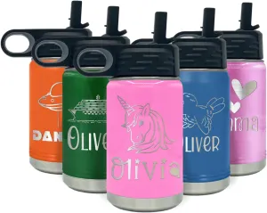 Kids Water Bottle Personalized with Name on 12 oz Pink Gloss Ring Insulated Water Bottle