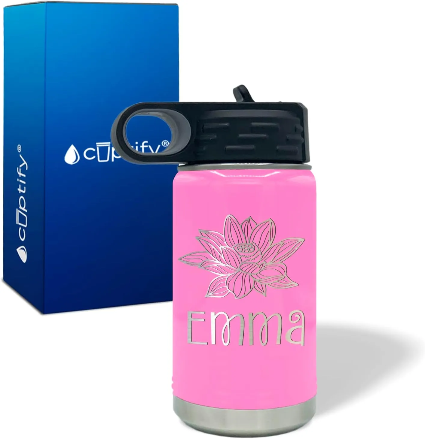 Kids Water Bottle Personalized with Name on 12 oz Pink Gloss Ring Insulated Water Bottle
