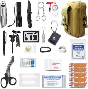 Kitgo Camping Emergency Tourniquet Survival Kit Safety First Aid Kit with Pro Tool Outdoor Survival Gear Tactical Small Molle Pouch for Home Hiking Hunting Adventures (Khaki)
