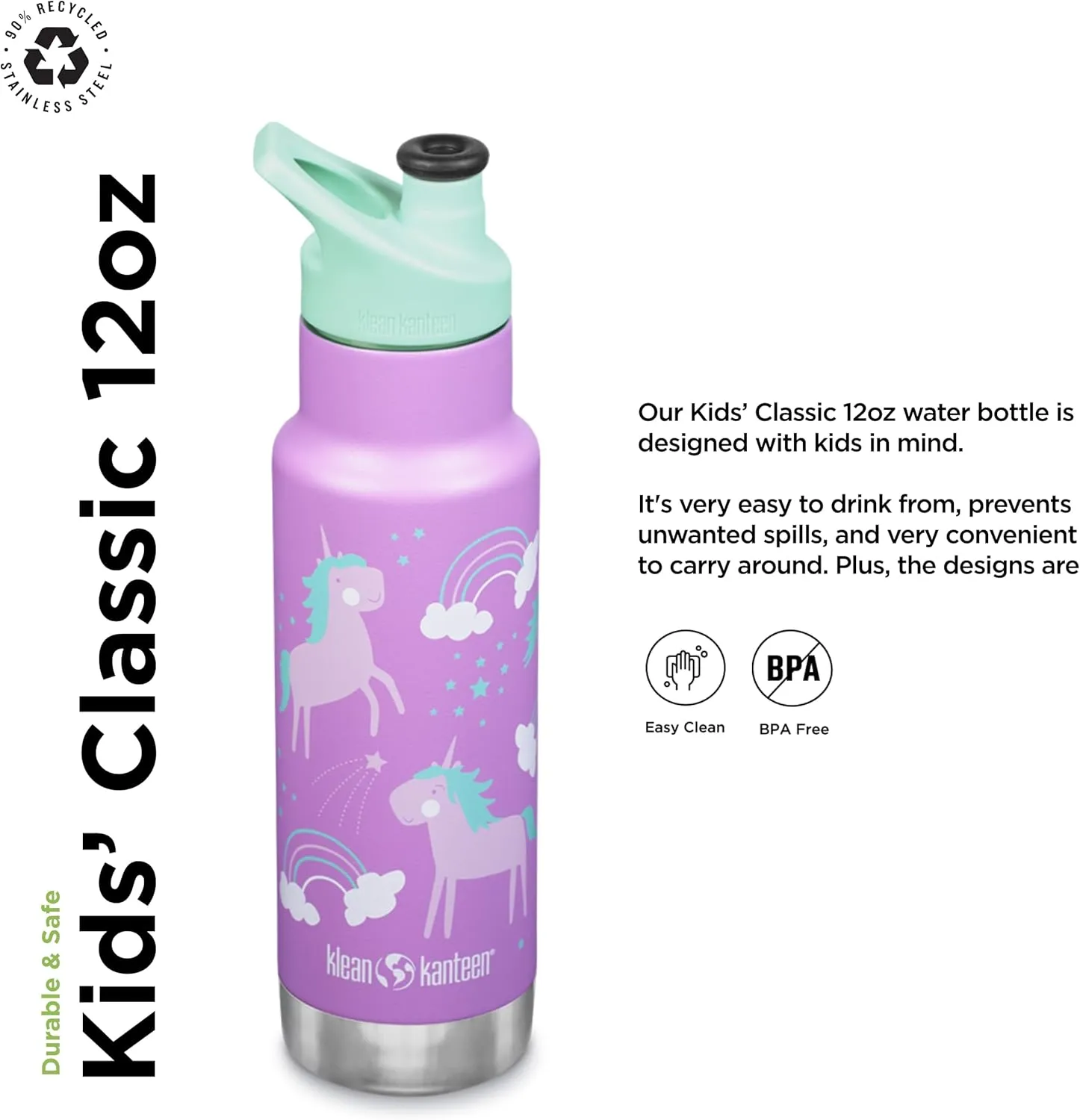 Klean Kanteen 12 oz Classic Kid's Insulated Water Bottle with Sport Cap - Kid's Water Bottle - Made from Stainless Steel - Dishwasher Safe Reusable Bottle - Unicorns, 12 oz