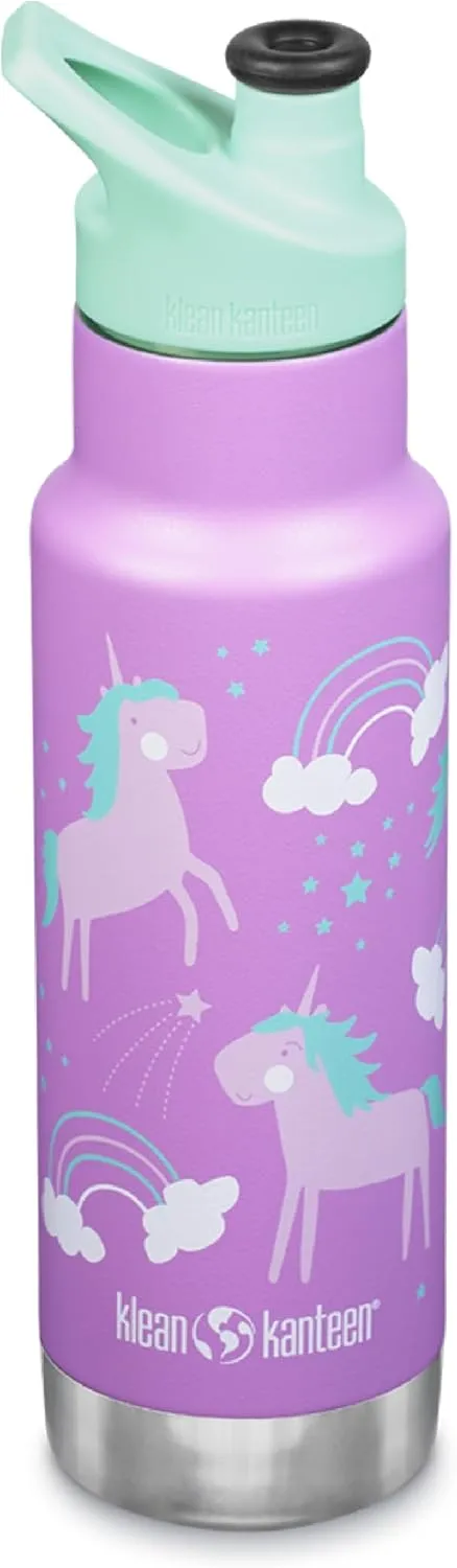 Klean Kanteen 12 oz Classic Kid's Insulated Water Bottle with Sport Cap - Kid's Water Bottle - Made from Stainless Steel - Dishwasher Safe Reusable Bottle - Unicorns, 12 oz