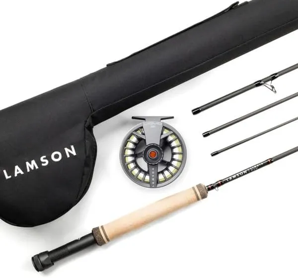 LAMSON | Liquid Combo Fly Fishing Rod and Reel Pre Spooled | Cordura Travel Tube & Padded Reel Case | U.S. Made Fly line | Medium Fast Action 9 Foot 4-Piece | 5wt   8wt with Fighting Butt