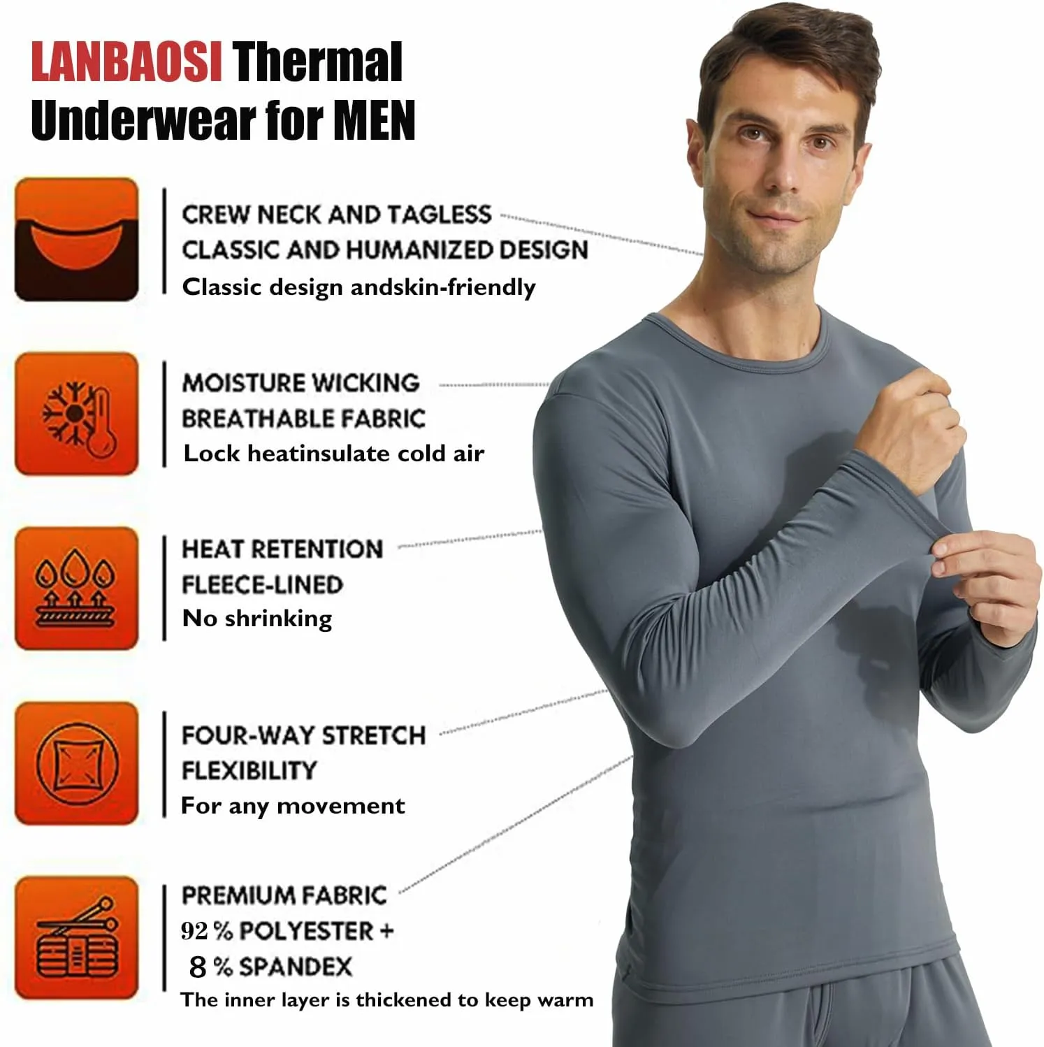 LANBAOSI Men's Crewneck Long Sleeve Thermal Undershirts 2 Pack - Base Layer for Cold Weather