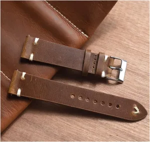 LAnGSHAW Handmade Vintage Leather Watch Band 18mm 20mm 22mm Yellow Green Watchband Stainless Steel Buckle Watch Strap for Watch (Band Color : Brown-White Wire, Band Width : 24mm)