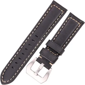 LAnGSHAW Leather Watchbands 20mm 22mm 24mm Dark Brown Vintage Watch Strap with Silver Black Stainless Steel Buckle (Band Color : Black, Band Width : 22mm)