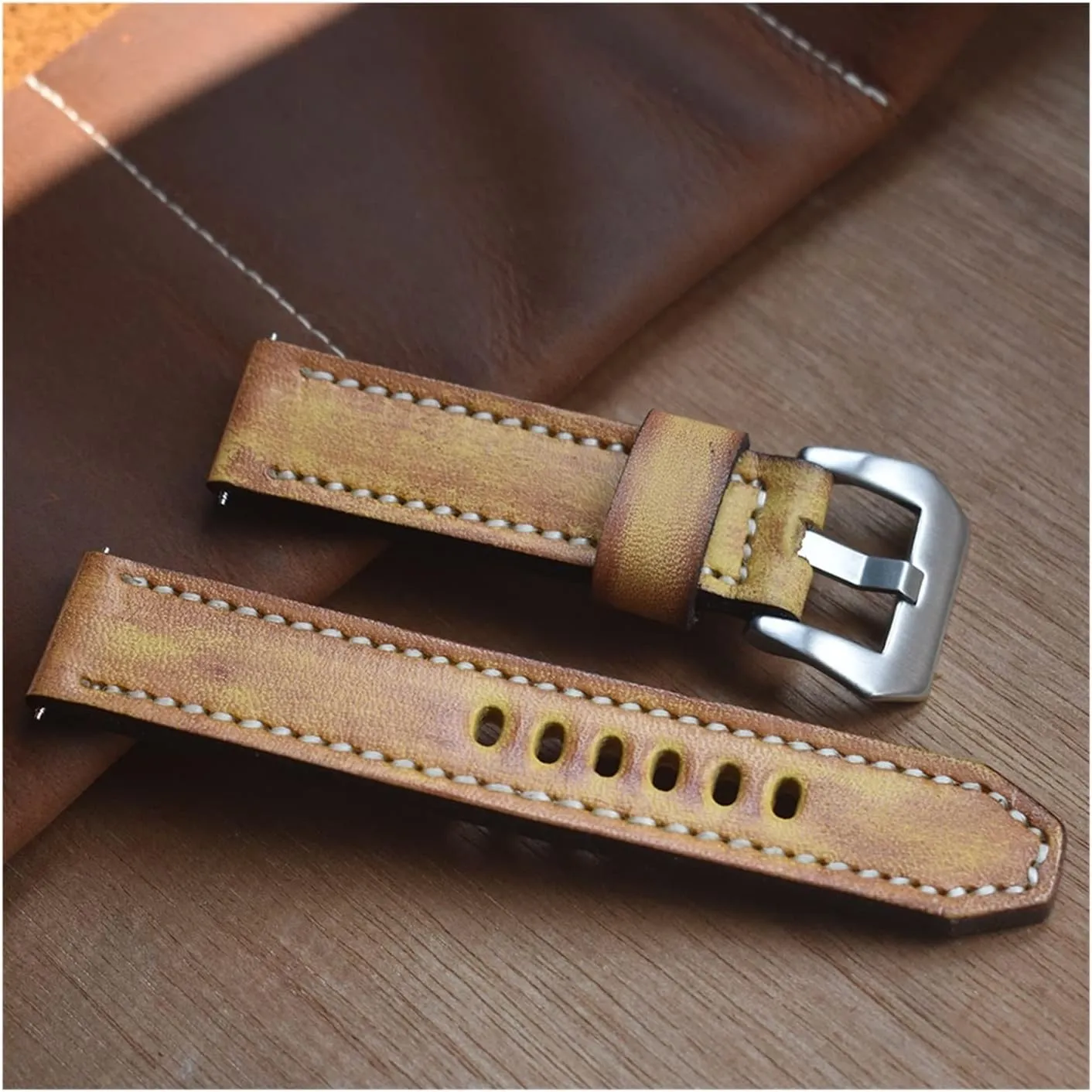 LAnGSHAW Leather Watchbands Yellow Watch Band Strap for Belt Stainless Steel Polished Buckle 18 20 22 24mm (Band Width : 20mm)