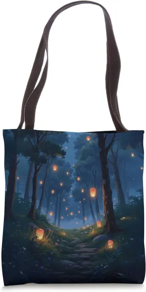 Lantern Forest Path With Mist and Firefly Glow Tote Bag