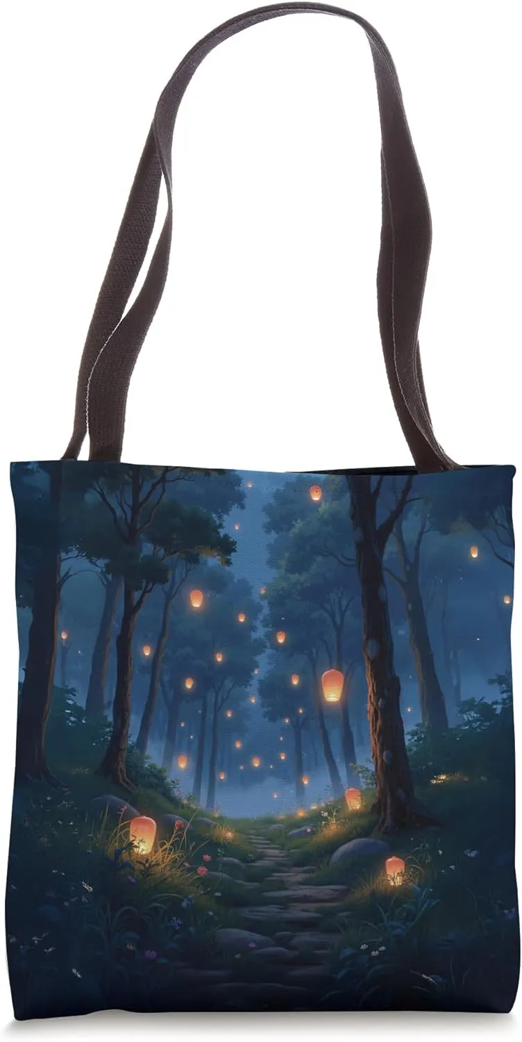 Lantern Forest Path With Mist and Firefly Glow Tote Bag