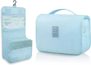 Large capacity toiletry bag travel bag with hook, suitable for men and women, waterproof travel cosmetic bag bathroom, can be closed automatically, used to hold headphones, lipstick and jewelry(Cyan b