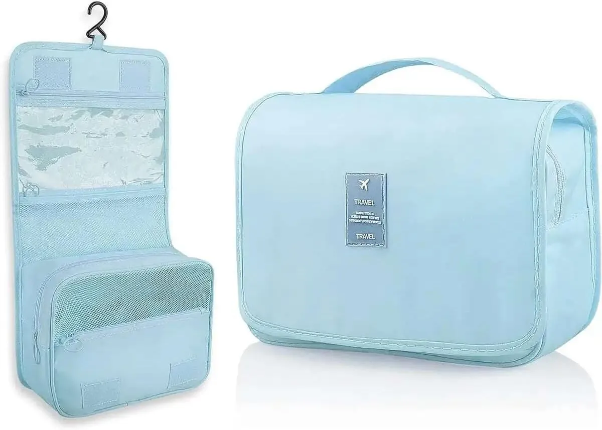 Large capacity toiletry bag travel bag with hook, suitable for men and women, waterproof travel cosmetic bag bathroom, can be closed automatically, used to hold headphones, lipstick and jewelry(Cyan b