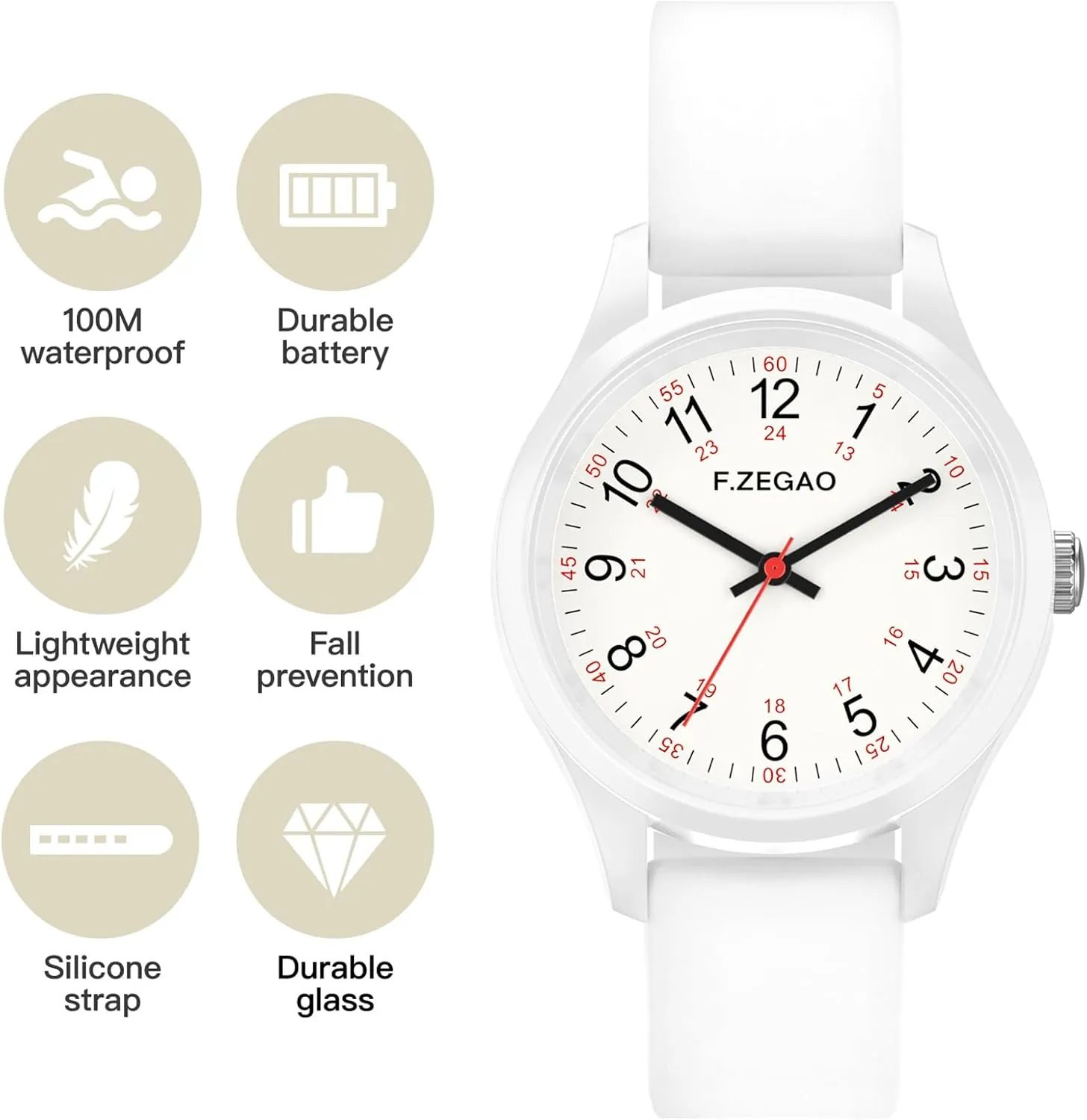 Large Dial Waterproof Watches for Women, Easy Read Simple Nurse Watch with Second Hand, Ladies Watches with Silicone Band for Swimming, 40mm Diameter