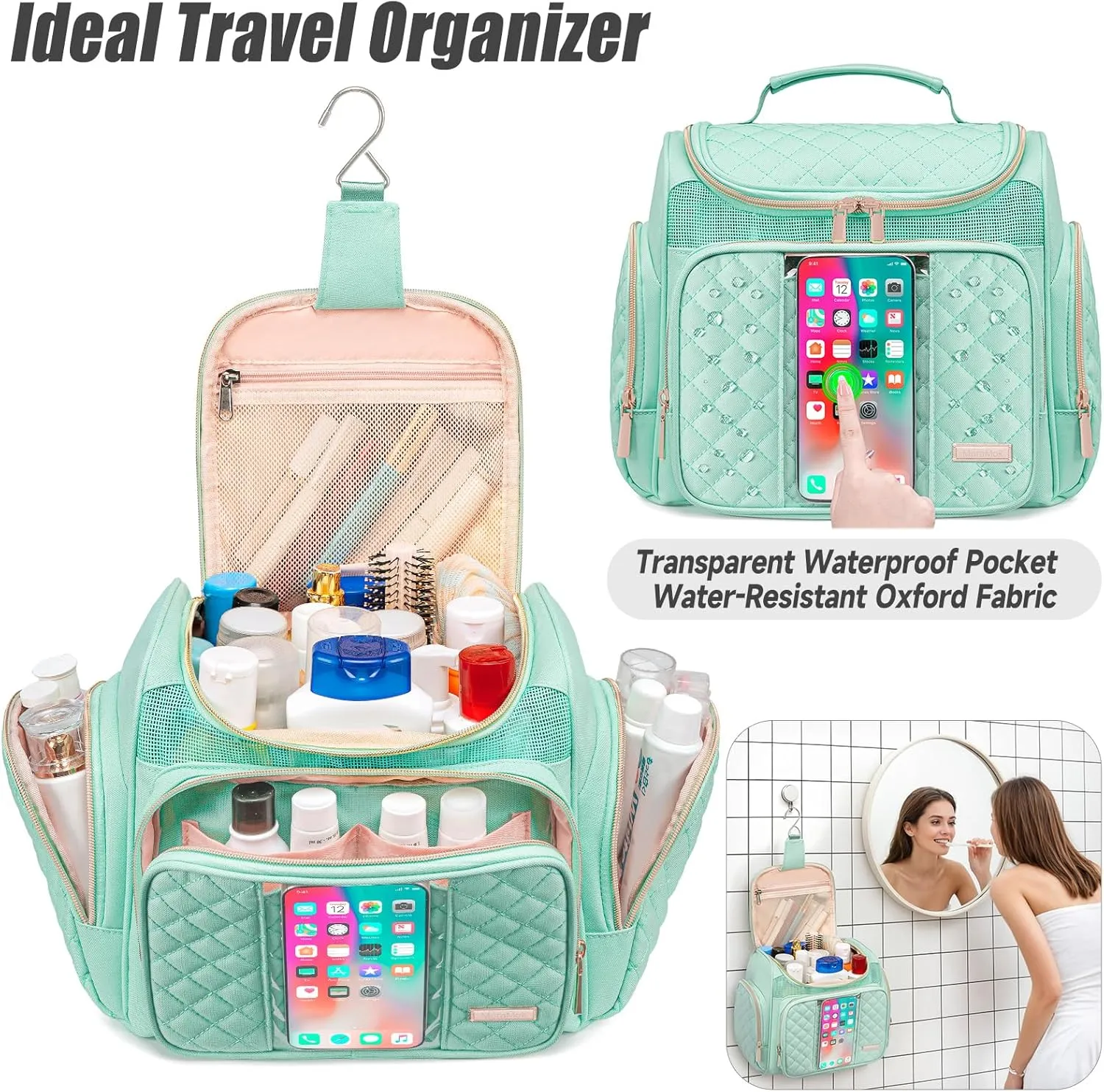 Large Toiletry Bag for Women Men,Bathroom Bag,Water Resistant Makeup Bag,Portable Shower Caddy for College Dorm,Hanging Toiletry Bags for Traveling,Shower Bag with Transparent Waterproof Phone Pocket