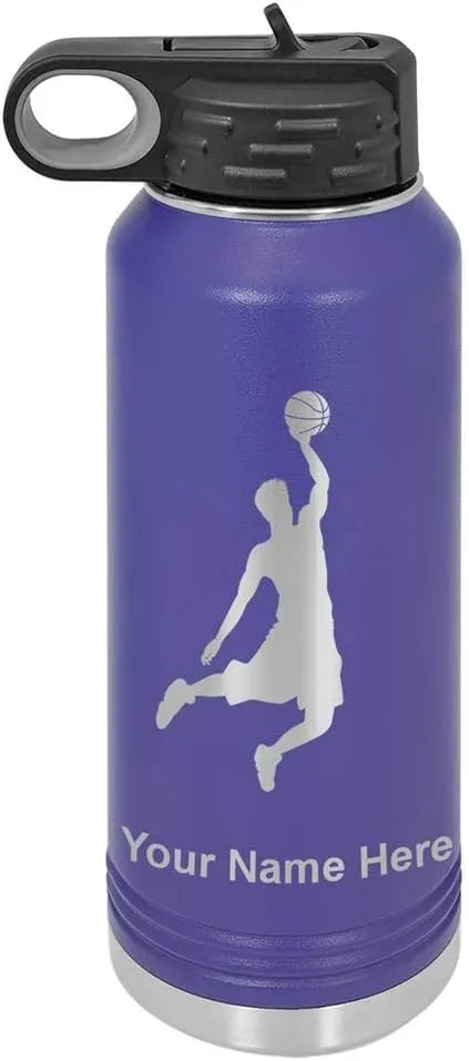 LaserGram Personalized Water Bottle, Basketball Slam Dunk Man, Stainless Steel Double Wall Vacuum Insulated with Flip Top Straw, Custom Engraved Gift (32oz / 950ml Dark Purple)