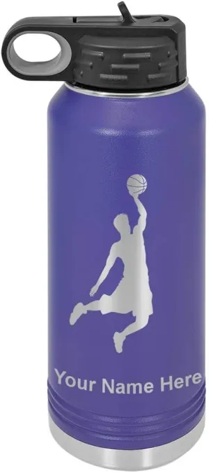 LaserGram Personalized Water Bottle, Basketball Slam Dunk Man, Stainless Steel Double Wall Vacuum Insulated with Flip Top Straw, Custom Engraved Gift (32oz / 950ml Dark Purple)