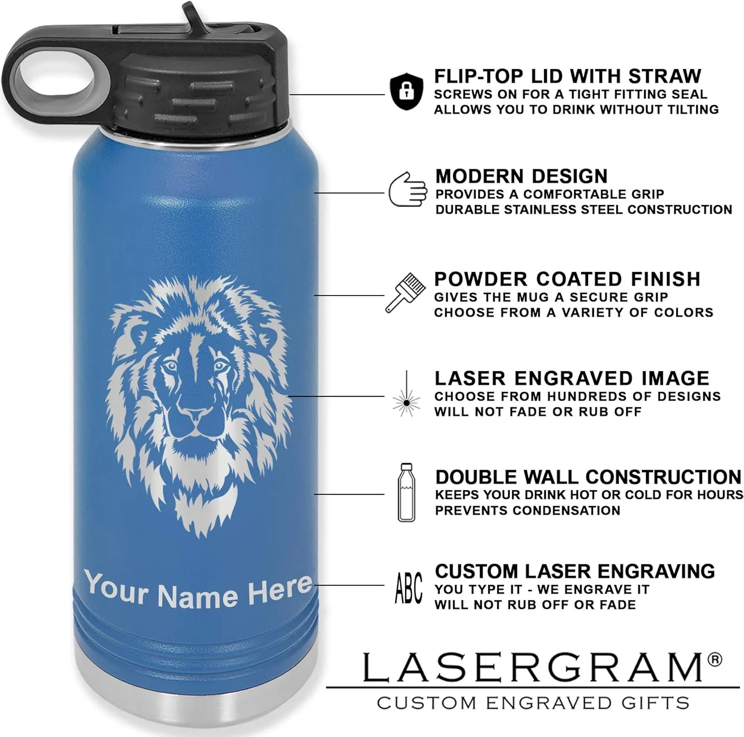 LaserGram Personalized Water Bottle, Helicopter 1, Stainless Steel Double Wall Vacuum Insulated with Flip Top Straw, Custom Engraved Gift (40oz / 1180ml Dark Blue)