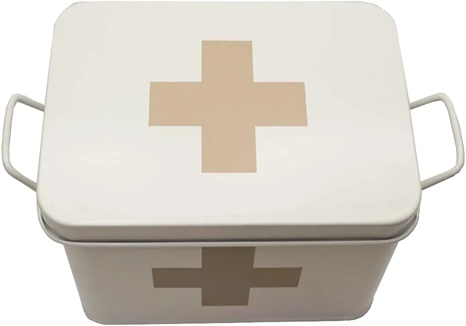 Lassos Boutique Retro Enameled First Aid Box for Medicine Storage and Home Decor with Lid and Removable Tray