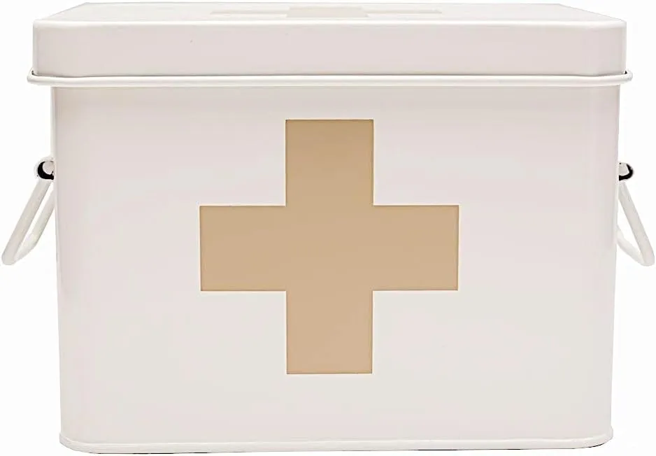 Lassos Boutique Retro Enameled First Aid Box for Medicine Storage and Home Decor with Lid and Removable Tray