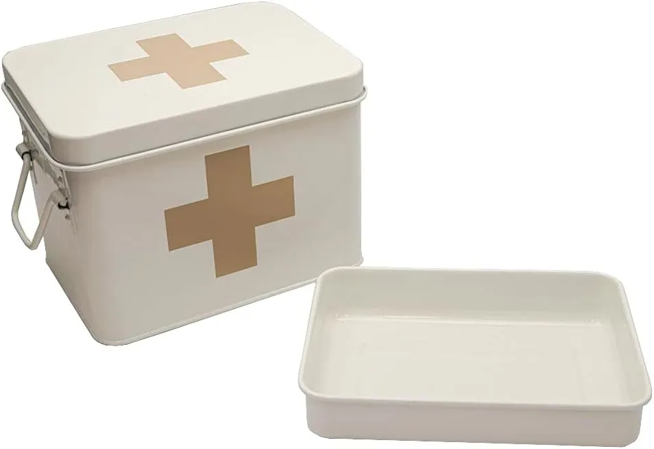 Lassos Boutique Retro Enameled First Aid Box for Medicine Storage and Home Decor with Lid and Removable Tray