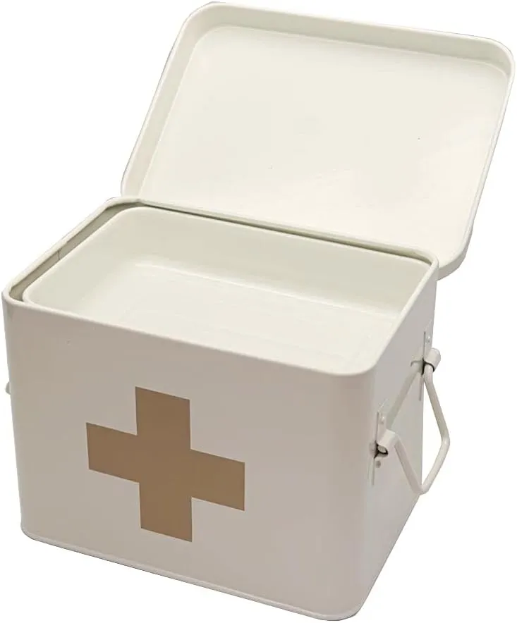Lassos Boutique Retro Enameled First Aid Box for Medicine Storage and Home Decor with Lid and Removable Tray