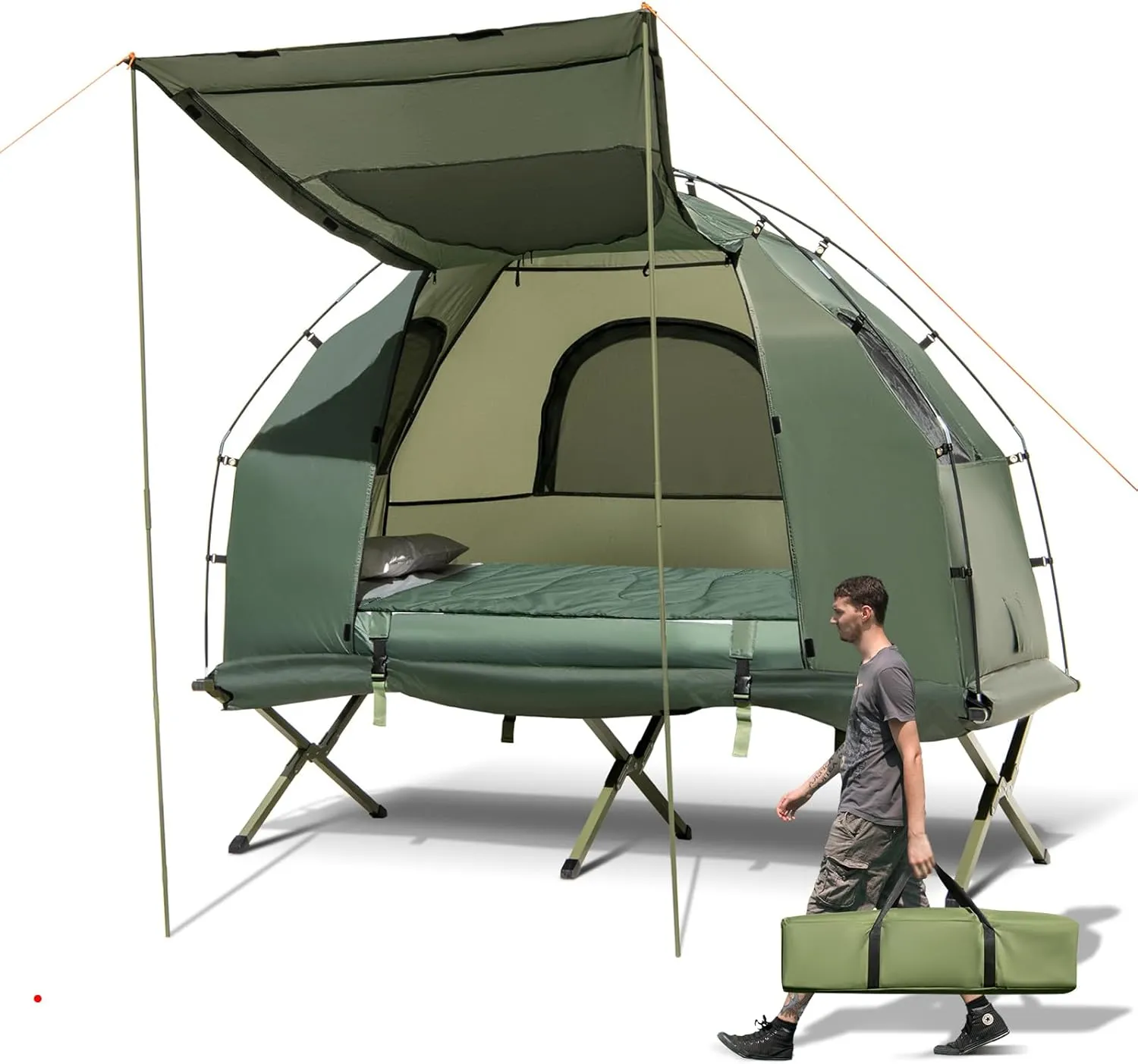 LDAILY Camping Tent Cot, 5 in 1 Off Ground Elevated Tent with Air Mattress, Sleeping Bag & Pillow, Folding Camping Cot Combo with Carrying Bag for Outdoor Hiking, Picnic, Backyard (1 Person)