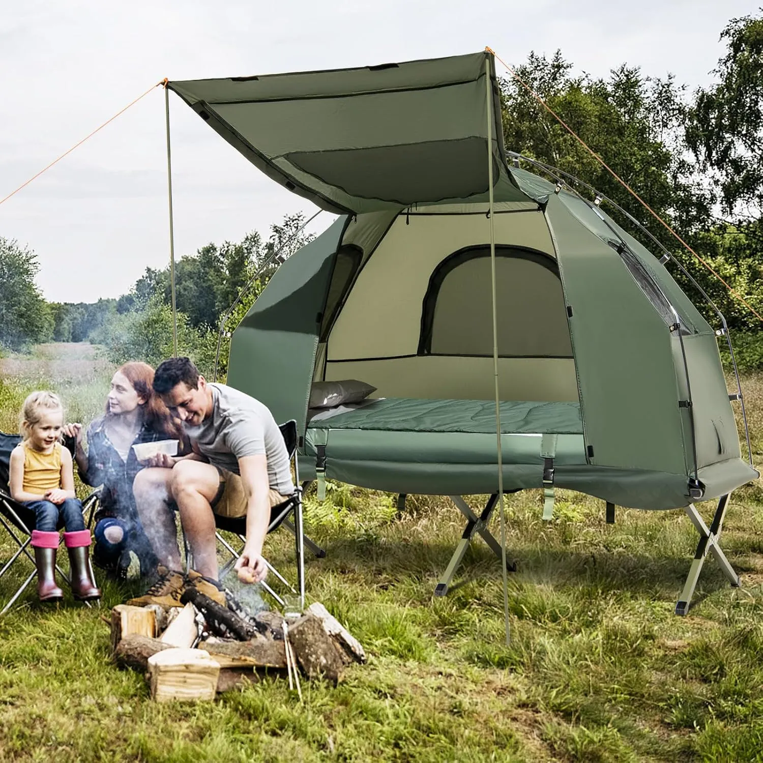 LDAILY Camping Tent Cot, 5 in 1 Off Ground Elevated Tent with Air Mattress, Sleeping Bag & Pillow, Folding Camping Cot Combo with Carrying Bag for Outdoor Hiking, Picnic, Backyard (1 Person)