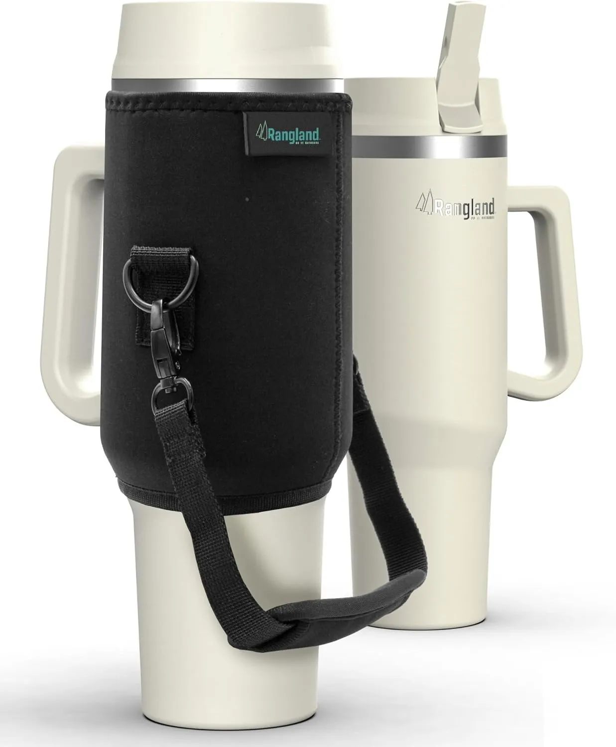 Leak-proof 40 oz Tumbler with Handle and Carrier Bag, Spill-proof Insulated Water Bottle Cup with Sport Straw Lid and Padded Hand Strap, Neoprene (Light Cream)