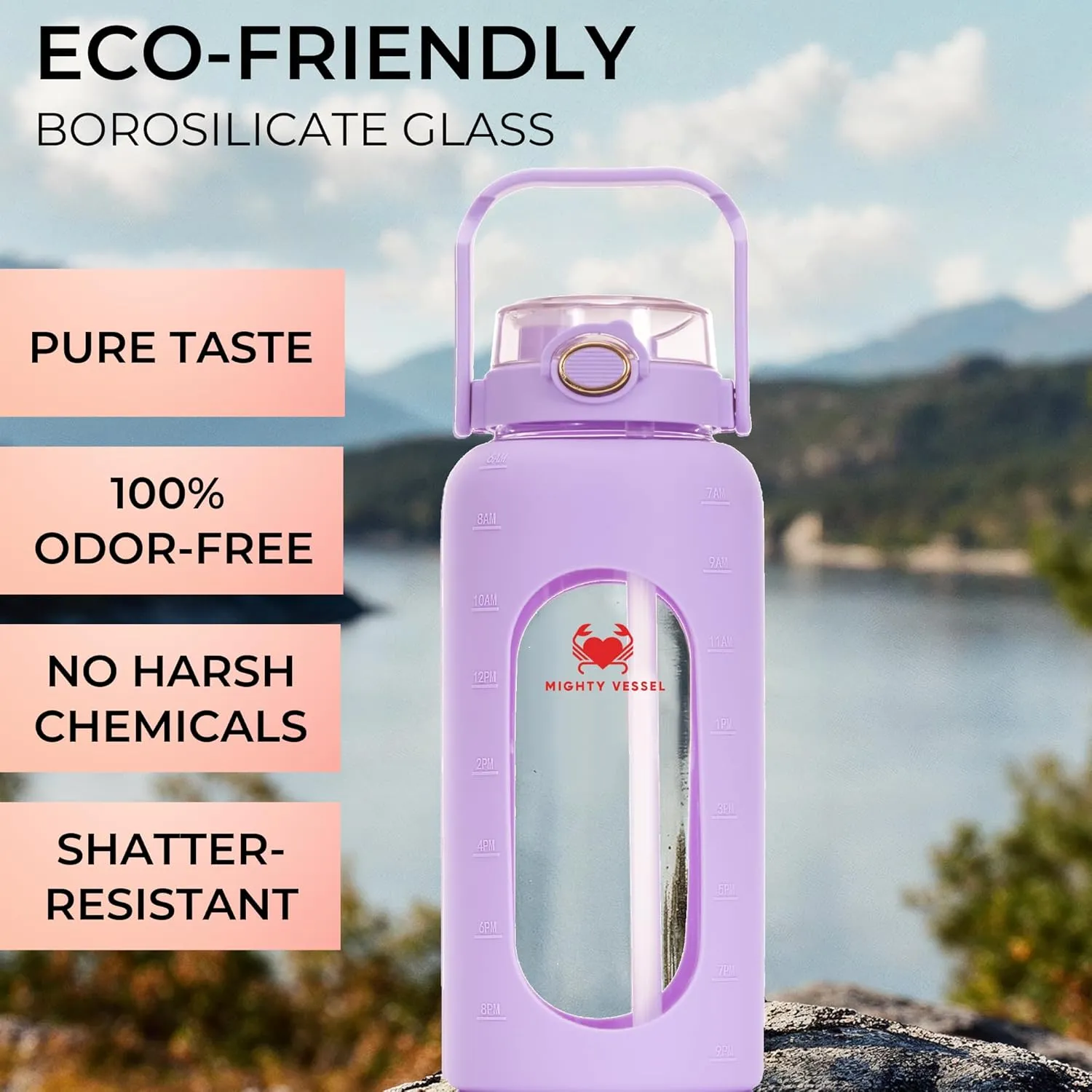 Leakproof 64 oz Glass Water Bottle - Borosilicate Large Glass Water Bottle with Straw, Silicone Sleeve and Time Markers, Half Gallon Jug, Suitable for Travel, Sports, Gym, and Daily Intake