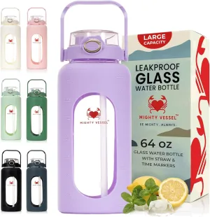 Leakproof 64 oz Glass Water Bottle - Borosilicate Large Glass Water Bottle with Straw, Silicone Sleeve and Time Markers, Half Gallon Jug, Suitable for Travel, Sports, Gym, and Daily Intake