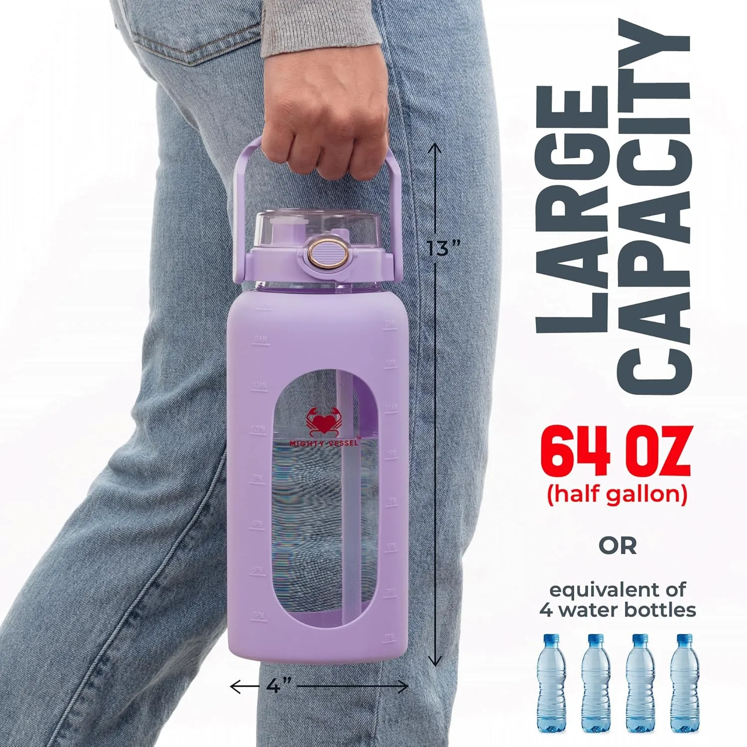 Leakproof 64 oz Glass Water Bottle - Borosilicate Large Glass Water Bottle with Straw, Silicone Sleeve and Time Markers, Half Gallon Jug, Suitable for Travel, Sports, Gym, and Daily Intake
