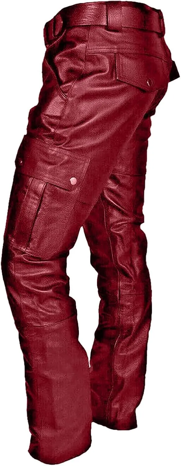 Leather Pants for Men Baggy Goth Sweatpants with Cargo Pockets Slim Skinny Faux Leather Pants Trousers