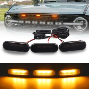 LED Grill Lights for Ford Bronco 2021 2022 2023 2024 2/4-Door Badlands Wildtrak Everglades, Smoked Black OEM Grille Lamps Kit Bronco Accessories(3 PCS)