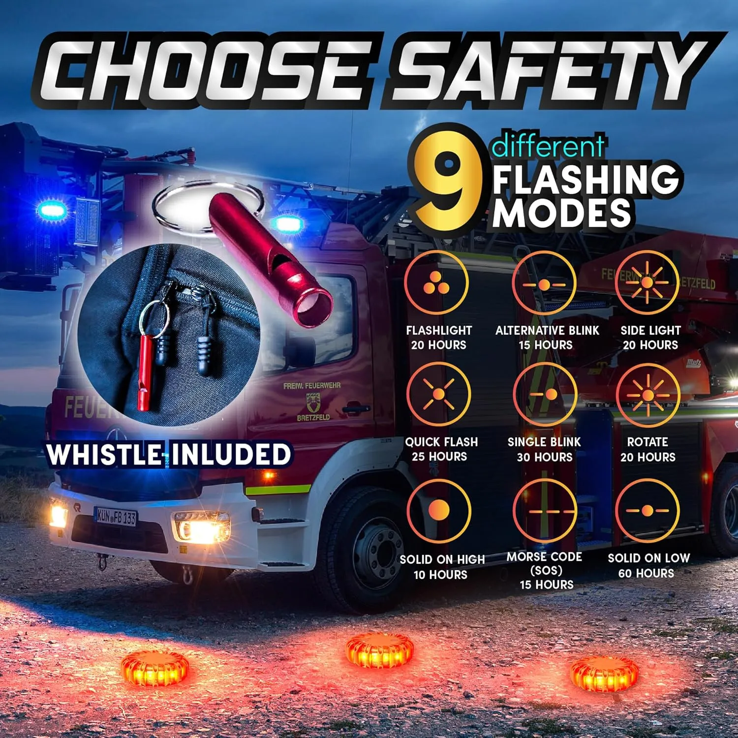 LED Road Flares Emergency Lights | 3-Pack Roadside Safety Disc Kit w/Whistle | DOT Compliant Emergency Flares for Car w/Batteries Installed | Roadside Emergency Car Kit with Flares