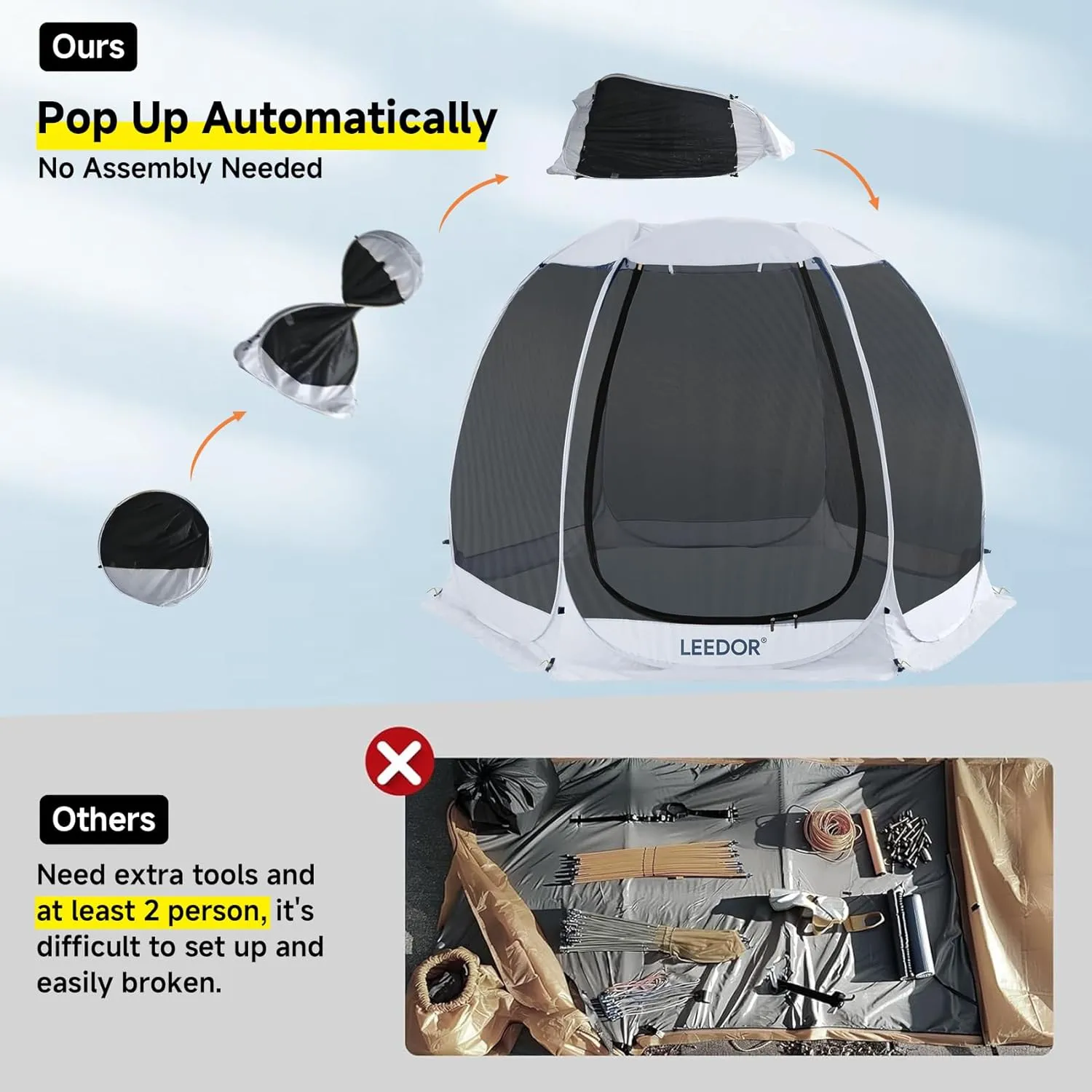 LEEDOR Pop Up Screen House, 6-10-15 Person Outdoor Screen Tent，Camping Screen Room with Carry Bag, Screened Gazebo with Mosquito Netting, Instant UV Resistant Sun Shelter for Garden, Patio, Backyard
