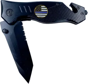 LEO Challenge Coins Thin Blue Line 3-in-1 Tactical Rescue knife tool for Police Officers with Seatbelt Cutter Steel Serrated Blade Glass Breaker Deputy Sheriff