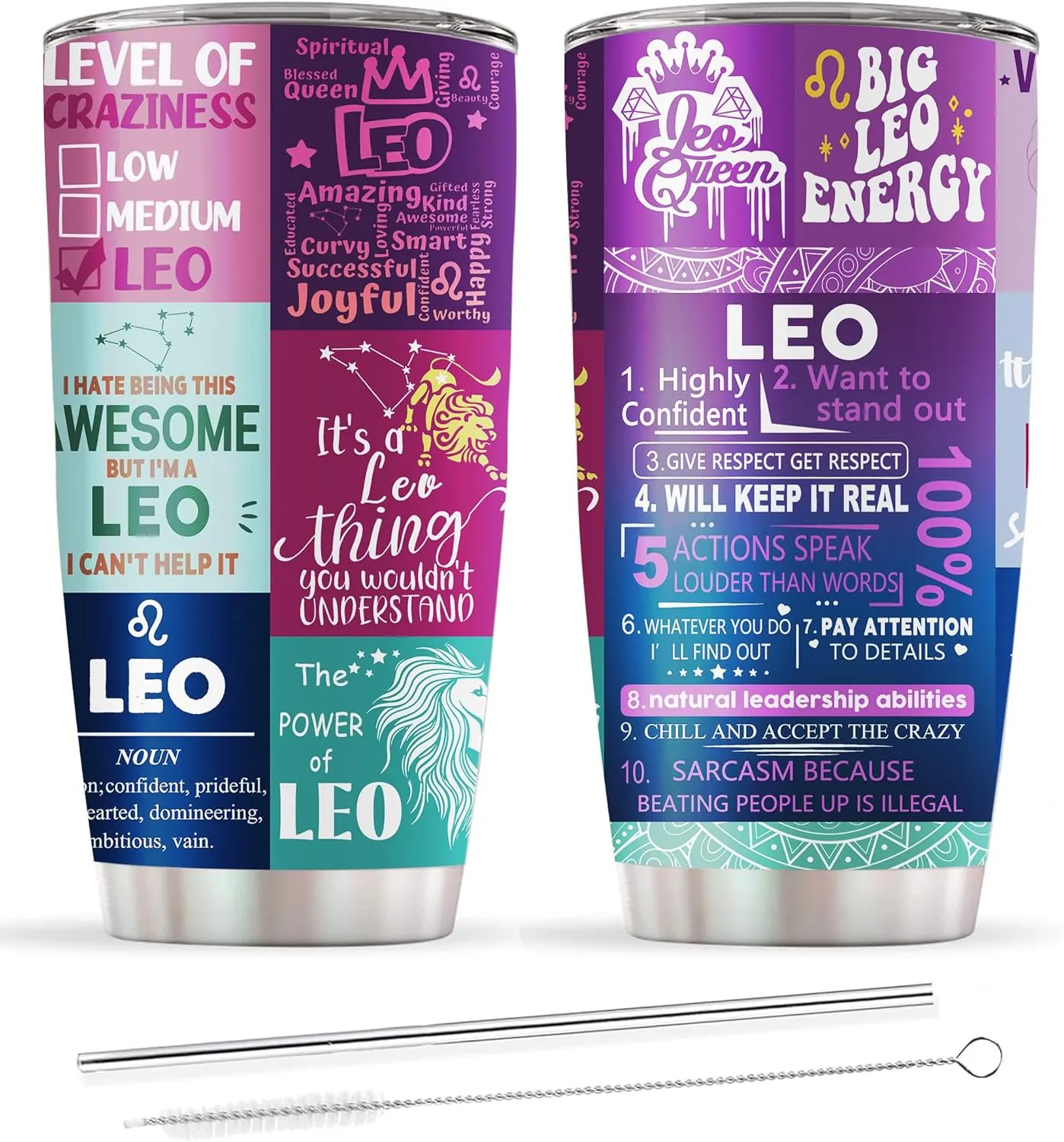 Leo Gifts for Women,Leo Birthday Gifts, Zodiac Leo Tumbler, Astrology Gothic Witchy Gifts, Constellation Insulated Tumbler With Lid Straw Purple Coffee Mug 20 OZ
