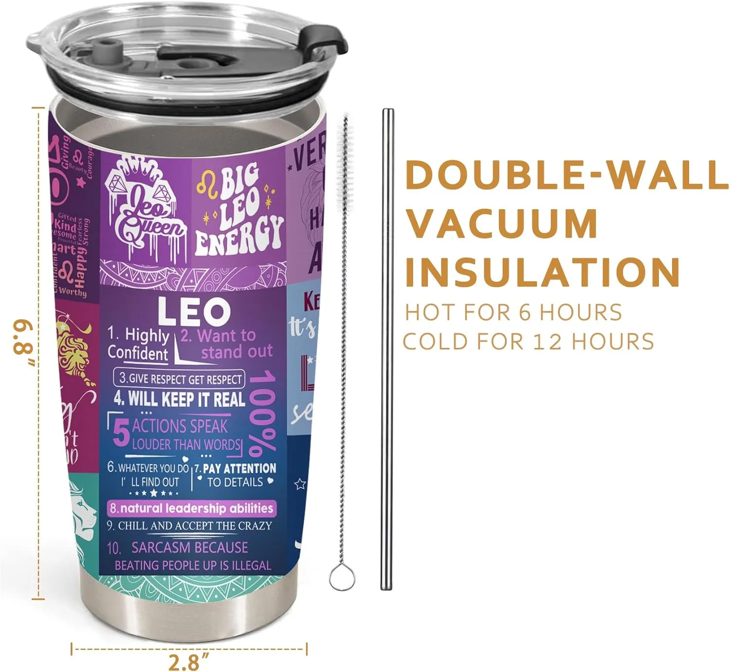 Leo Gifts for Women,Leo Birthday Gifts, Zodiac Leo Tumbler, Astrology Gothic Witchy Gifts, Constellation Insulated Tumbler With Lid Straw Purple Coffee Mug 20 OZ