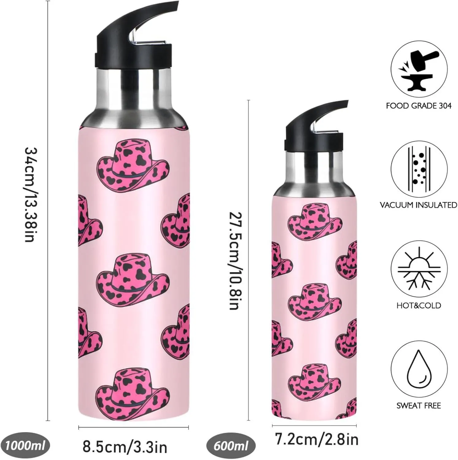Leopard Print Hat Sports Water Bottle with Straw, 22oz BPA Free Stainless Steel Vacuum Insulated Bottle for Gym Fitness Outdoor
