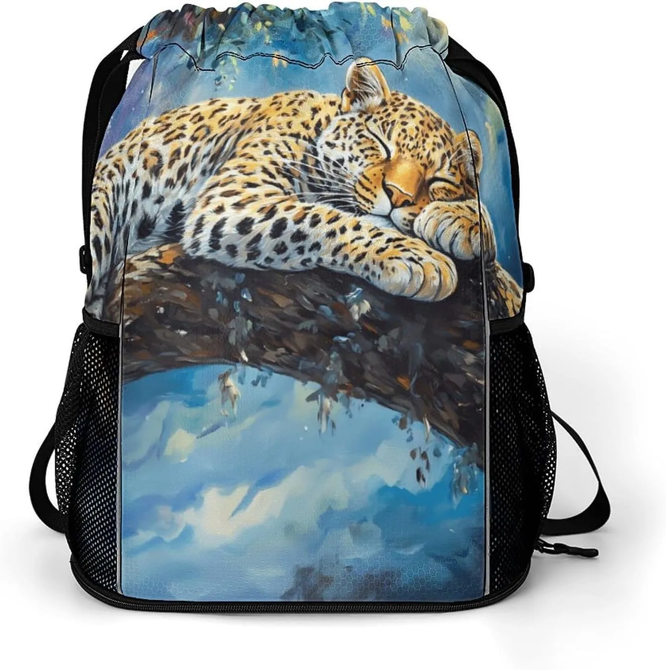 Leopard Sleeping On Tree Branch Drawstring Backpack String Bag Sports Gym Sackpack with Side Pocket Shoes Compartment