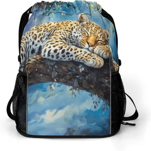 Leopard Sleeping On Tree Branch Drawstring Backpack String Bag Sports Gym Sackpack with Side Pocket Shoes Compartment