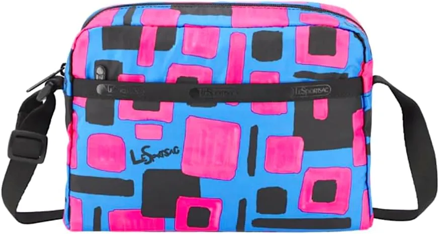 LeSportsac Floating Squares Daniella Crossbody Bag, Style 2434/Color E795, Japanese Artist Gaku Exclusive, Artsy & Energetic, Hot Pink & Black Floating Squares, Turquoise Bag