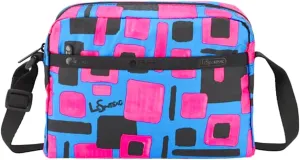 LeSportsac Floating Squares Daniella Crossbody Bag, Style 2434/Color E795, Japanese Artist Gaku Exclusive, Artsy & Energetic, Hot Pink & Black Floating Squares, Turquoise Bag