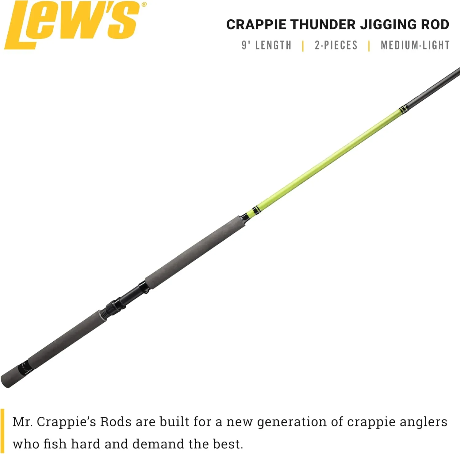 Lew's Crappie Thunder Jigging Fishing Rod, Medium Light Power, Fast Action, Premium Multi-Piece Graphite Blank, EVA Foam Handle, Crappie Thunder Green
