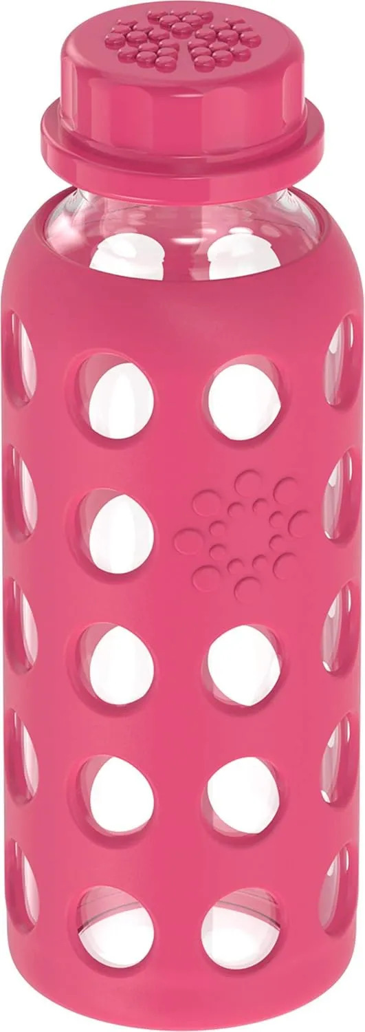 Lifefactory 9-Ounce BPA-Free Glass Water Bottle with Flat Cap and Silicone Sleeve, Raspberry