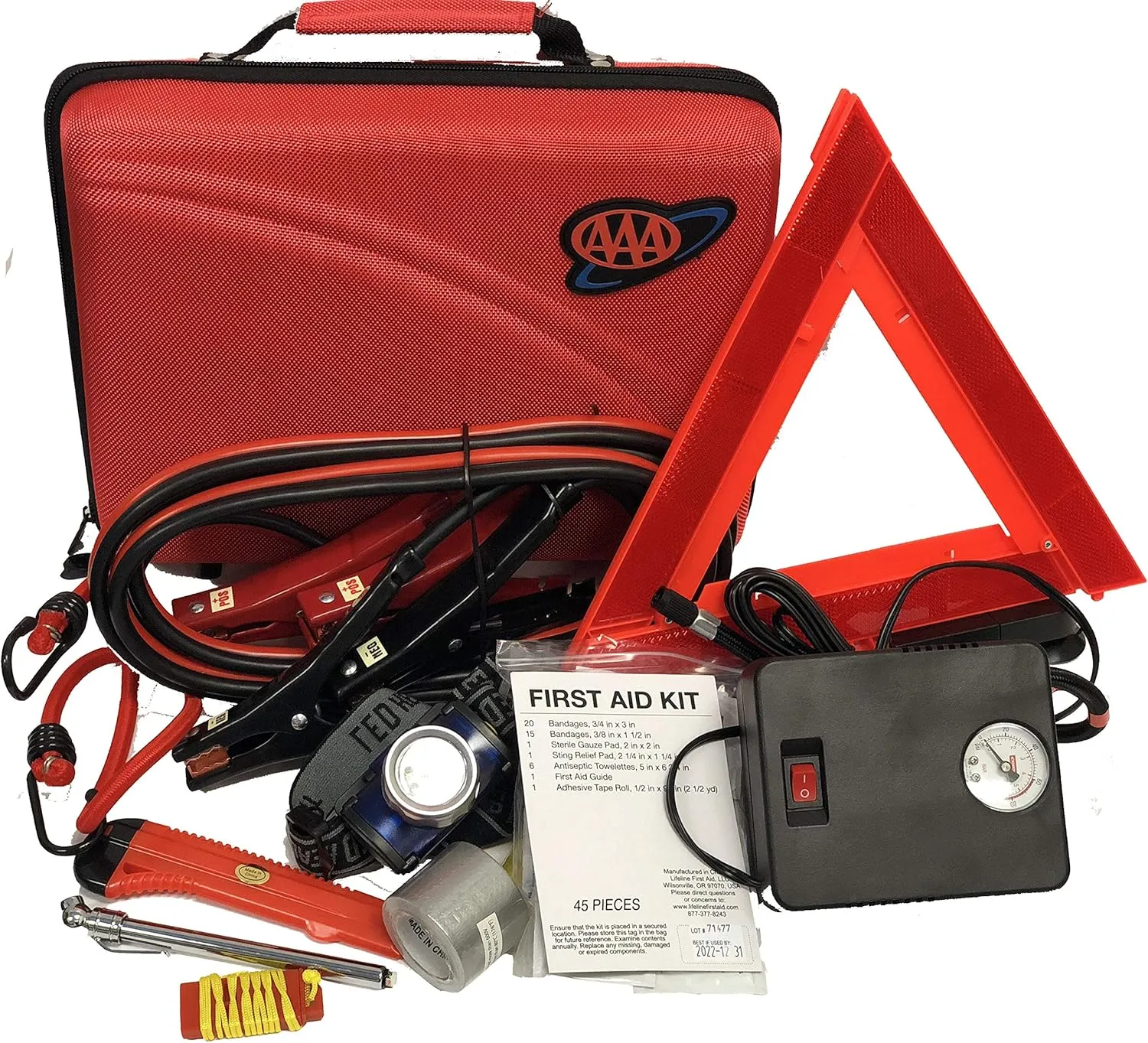 Lifeline AAA 4365AAA Destination Road, 68 Piece Emergency Car Tire Inflator, Jumper Cables, Headlamp, Warning Triangle and First Aid Kit
