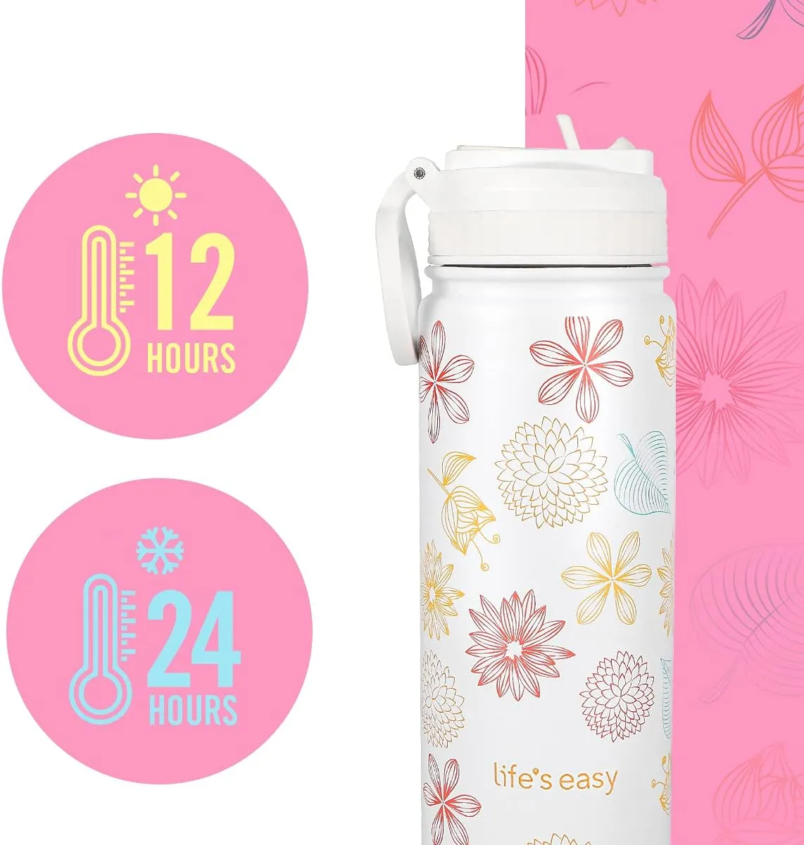 Life's Easy Stainless Steel Insulated Water Bottle - Sports Water Bottle w/Loop Handle Bionic Silicone Straw Lid - Vacuum Flask for Hot and Cold Drinks - Great for School & More (Fleur White, 18 oz)
