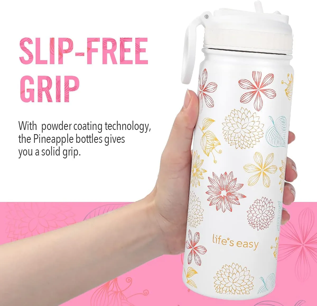 Life's Easy Stainless Steel Insulated Water Bottle - Sports Water Bottle w/Loop Handle Bionic Silicone Straw Lid - Vacuum Flask for Hot and Cold Drinks - Great for School & More (Fleur White, 18 oz)